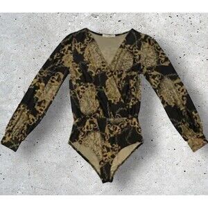Nylon Apparel Womens Large Bodysuit Black Top With Gold Yellow Graphic Print